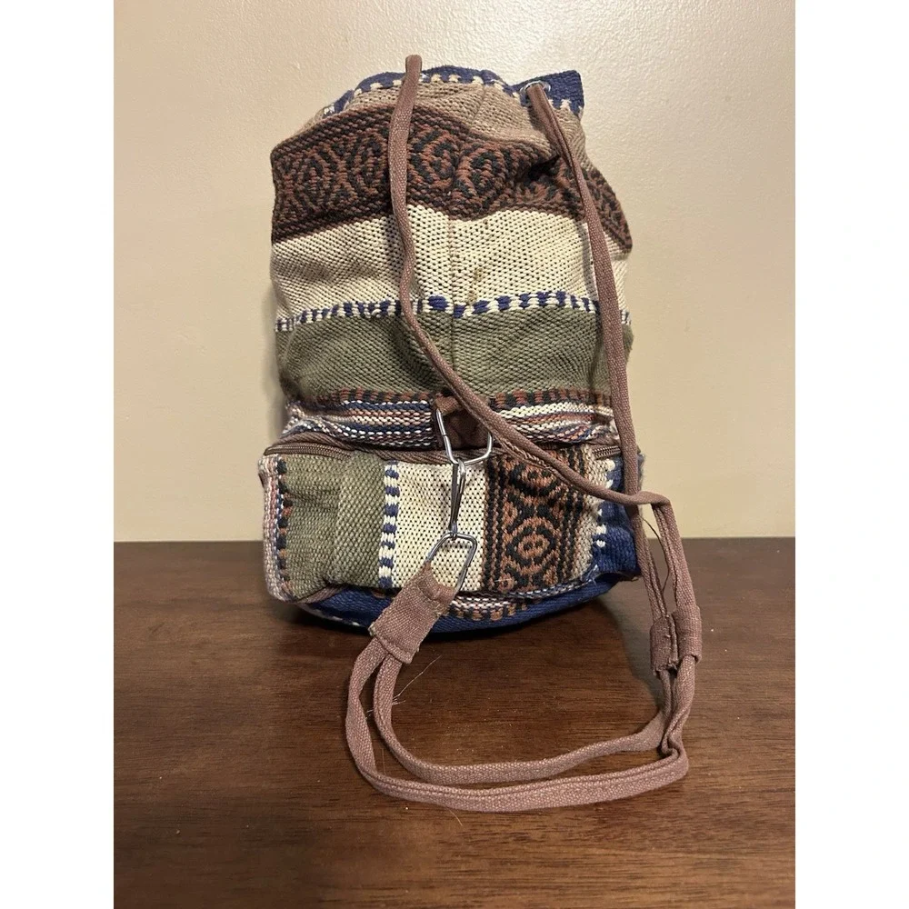 Vintage Kilim Boho Backpack Geometric Woven Cotton Drawstring Bag Made in India